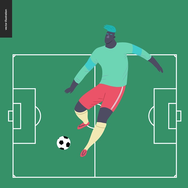 Vector jugador de fútbol de fútbol europeo pateando una pelota de fútbol en campo de fútbol verde