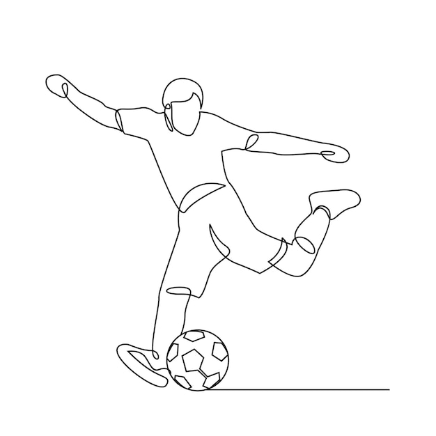 Jugador de fútbol de ilustración de línea continua patea la pelota