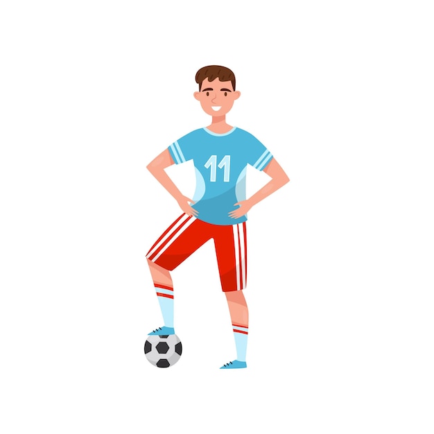 Jugador de fútbol masculino, deportista profesional, personaje en uniforme, deporte activo, estilo de vida, vector de concepto