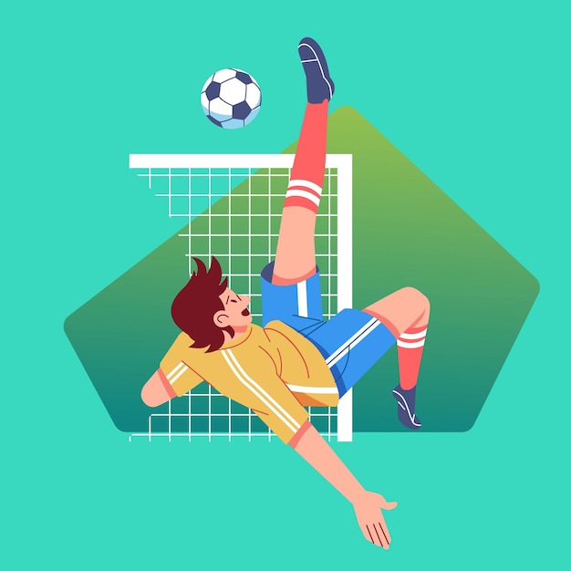 Vector el jugador de fútbol patea la pelota en la ilustración de vector de carácter plano moderno de meta