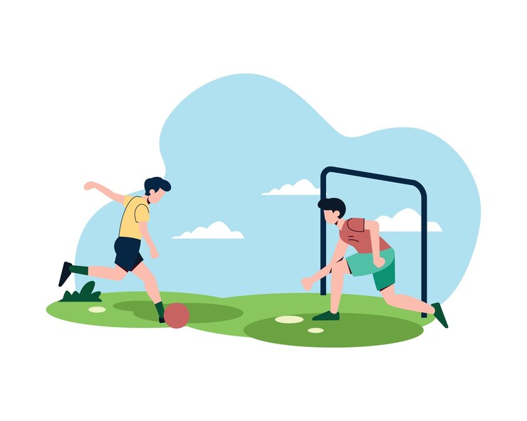 Vector jugador de fútbol pateando penalti diseño plano partido de fútbol intenso gol decisivo equipos rivales