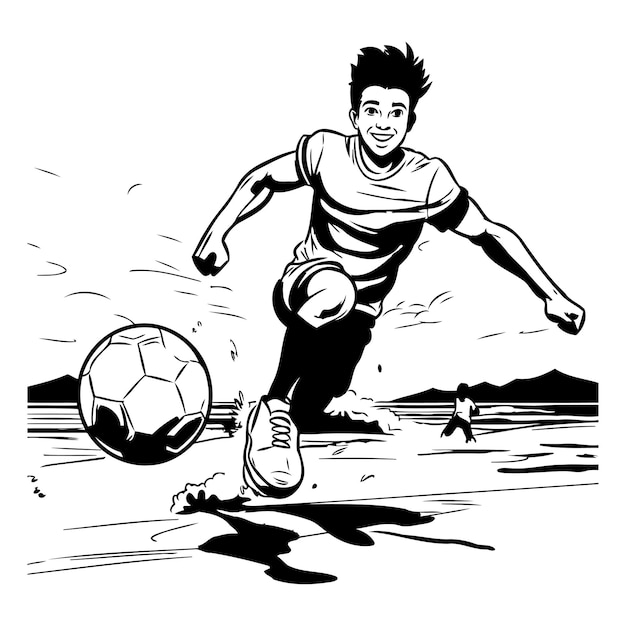 Jugador de fútbol con pelota Ilustración en blanco y negro lista para cortar vinilo