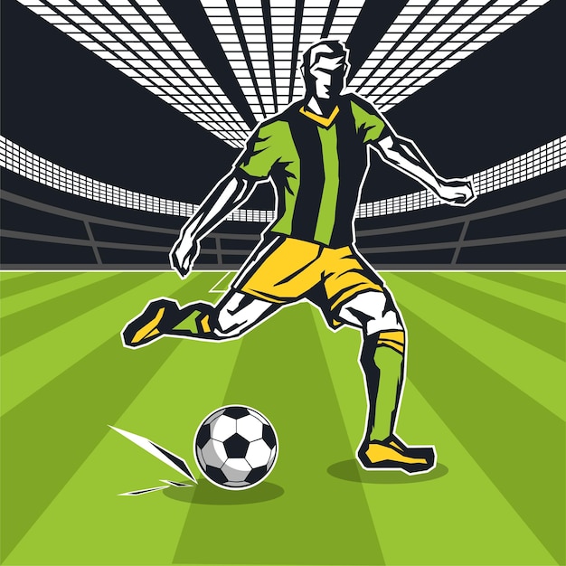 Vector jugador de fútbol con la pelota en movimiento en la ilustración de vector de color de campo de fútbol