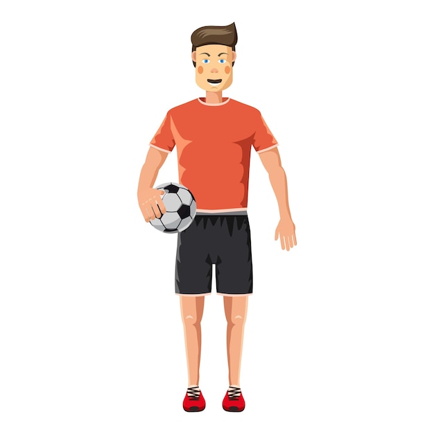 Jugador de fútbol de pie con el icono del balón de fútbol. Ilustración de dibujos animados de jugador de fútbol de pie con un icono de vector de balón de fútbol para web