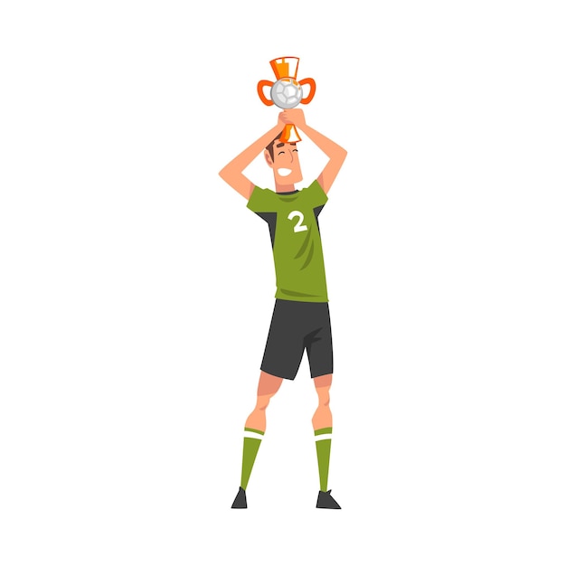 Vector jugador de fútbol posando con la copa del ganador atleta masculino feliz en uniforme celebrando su victoria ilustración vectorial