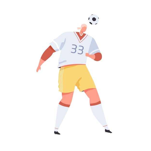 Jugador de fútbol profesional golpeando la pelota con la cabeza. Hombre uniformado jugando al fútbol europeo. Futbolista durante el juego o entrenamiento. Ilustración de vector plano de deportista aislado sobre fondo blanco.