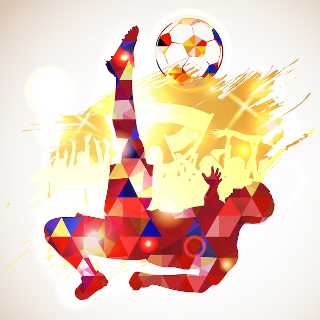 Jugador de fútbol de silueta y pelota, ventiladores sobre fondo grunge. patrón poligonal moderno. ilustración vectorial