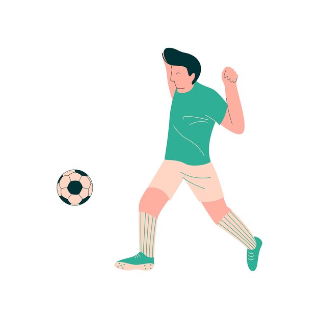 Jugador de fútbol, tiro, pelota, futbolista masculino, carácter, en, deportes, uniforme, vector, ilustración