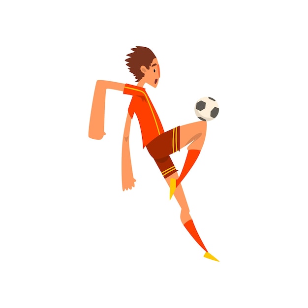 Vector jugador de fútbol en uniforme rojo pateando la pelota vector de dibujos animados ilustración aislada sobre un fondo blanco