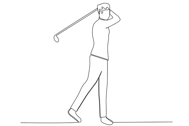 Un jugador de golf masculino balanceando un palo de golf vista lateral arte de una línea