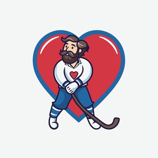 Jugador de hockey sobre hielo con un palo y un corazón rojo Ilustración vectorial