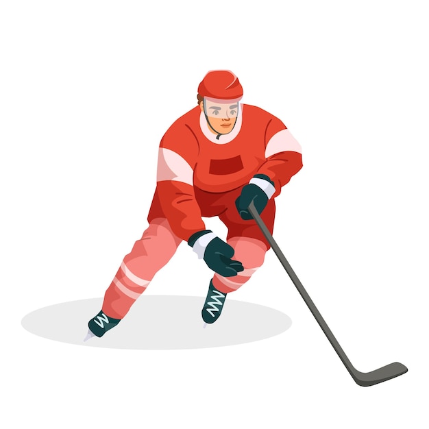 Jugador de hockey sobre hielo en uniforme rojo patinando con palo en fondo blanco Ilustración vectorial