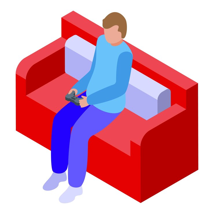 Vector jugador en el icono de sofá rojo vector isométrico juegos de video divertidos