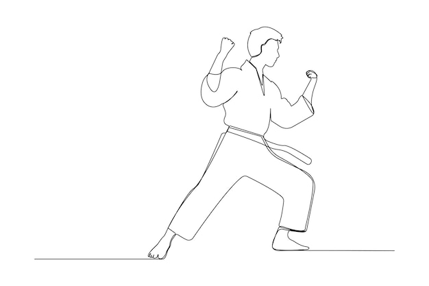 Jugador de karate profesional dibujo de línea continua dibujado a mano hombre de taekwondo contorno continuo