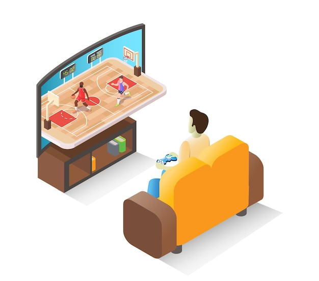 Jugador masculino isométrico jugando videojuegos de baloncesto con controlador sentado en el sofá vector plano illus