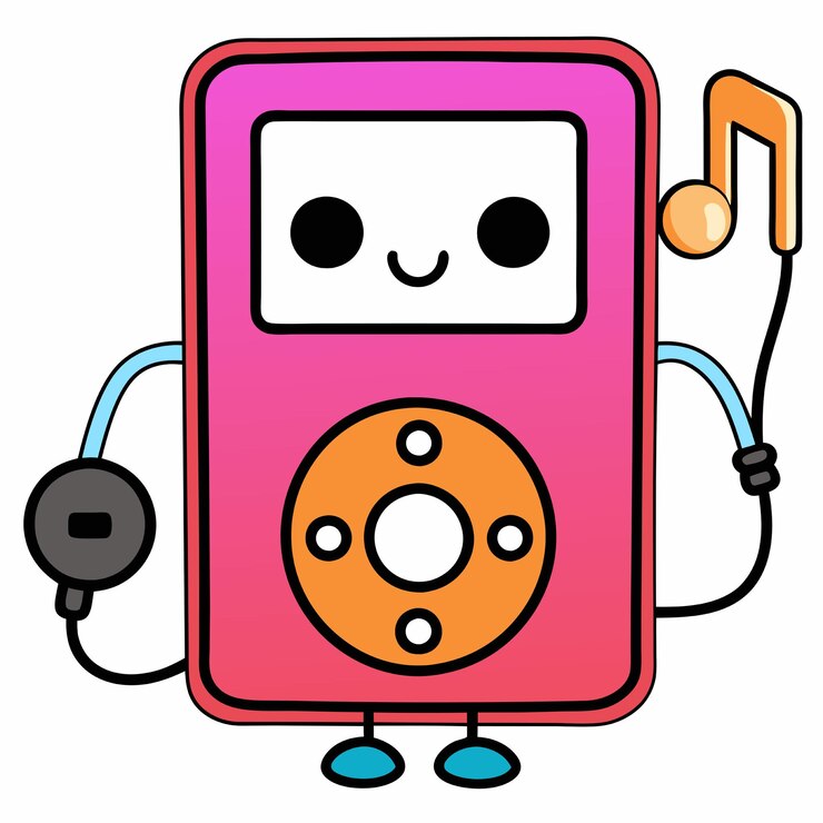 Vector jugador de música de audio para ipod con auriculares notas de música ilustración vectorial jugador de medios portátil estilo de dibujos animados plano adecuado para página de aterrizaje web banner flyer sticker papel de pared fondo de tarjeta