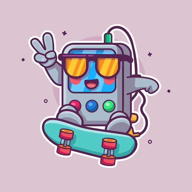 jugador de música portátil genial personaje mascota jugando al patineta dibujos animados aislados