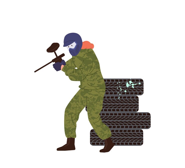Vector jugador de paintball hombre personaje deportivo con máscara y camuflaje tiro con arma de rifle ilustración vectorial aislada en fondo blanco seguridad recreación afición actividad de ocio