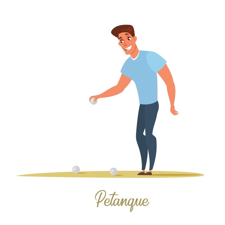 Vector jugador de petanca masculino sosteniendo la bola de metal sobre arena.