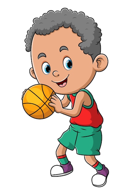El jugador profesional de baloncesto sostiene la pelota de la ilustración.