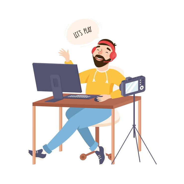 Vector jugador profesional grabando video usando cámara para su canal de video en línea blogging redes sociales concepto ilustración vectorial de estilo de dibujos animados