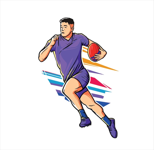 Jugador de rugby corriendo con el movimiento de acción de la pelota detallada ilustración colorida