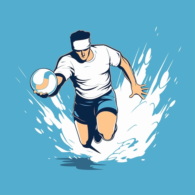 Vector jugador de rugby saltando con la pelota ilustración vectorial de un jugador de rugby