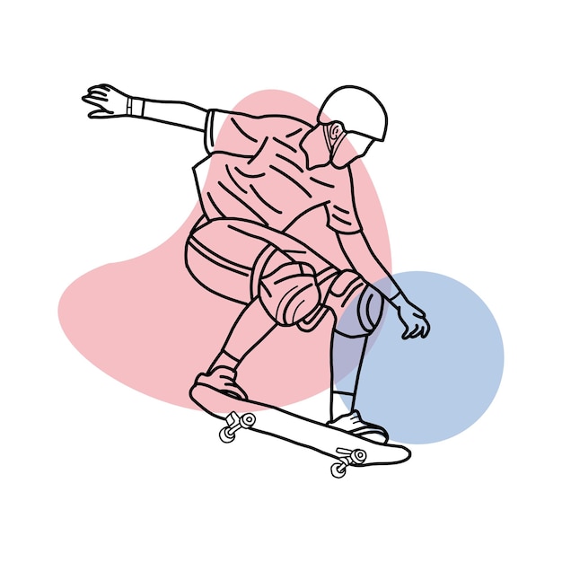 El jugador de skate en negro está saltando y con estilo simple arte de línea vectorial