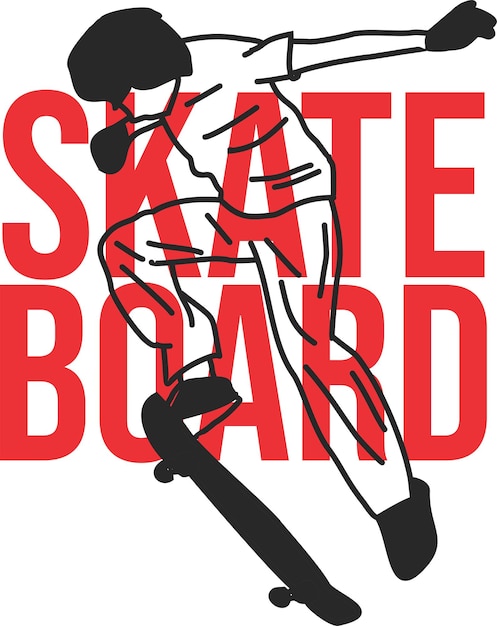 El jugador de la tabla de skate en negro está saltando y el arte de línea vectorial simple y elegante se está poniendo bueno para la camiseta