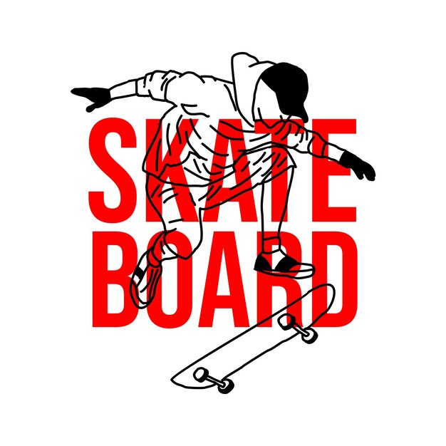 El jugador de la tabla de skate en negro está saltando y el arte de línea vectorial simple y elegante se está poniendo bueno para la camiseta