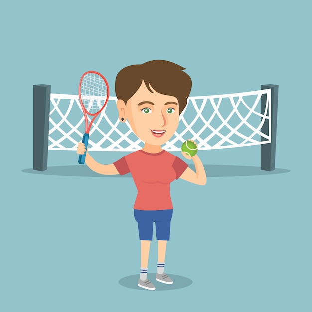 Vector jugador de tenis caucásico con raqueta y pelota.