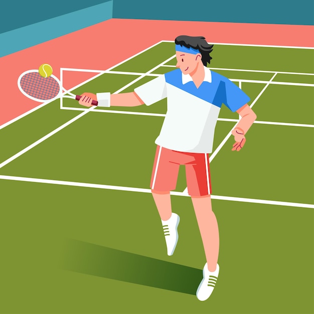 Un jugador de tenis se está preparando para golpear una pelota de tenis en un partido en la ilustración de vector de la cancha de tenis