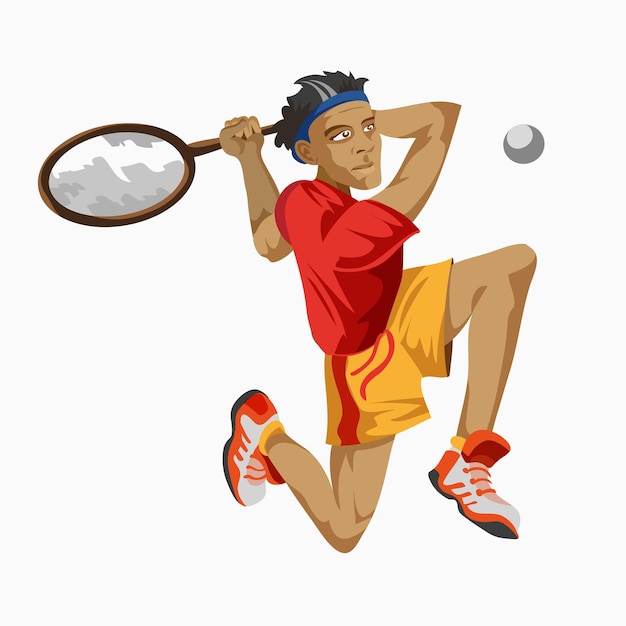 Jugador de tenis fresco con una raqueta en la mano. competición de personas del campeonato deportivo. eventos deportivos de atletismo de lanzamiento de peso de infografía. fondo blanco. dibujado en un estilo plano.