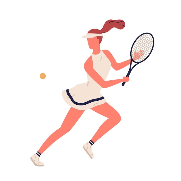 El jugador de tenis grande de la deportista colorida demuestra la ilustración plana del vector smash. Mujer deportiva profesional sosteniendo raqueta y golpeando pelota aislada en blanco. Personaje de niña en ropa deportiva.