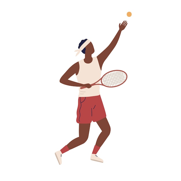 Jugador de tenis grande masculino profesional sostenga la ilustración plana del vector del cohete. chico negro lanzando la pelota antes de golpear aislado sobre fondo blanco. deportista activo que juega al juego de deportes.