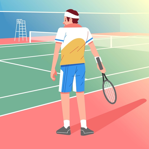 Jugador de tenis masculino con raqueta en el borde de la cancha de tenis personaje de ilustración plana moderna