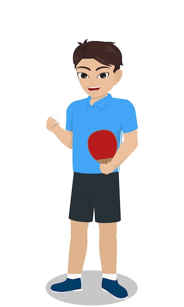 Vector jugador de tenis de mesa masculino del carácter que sostiene la bola y el palo