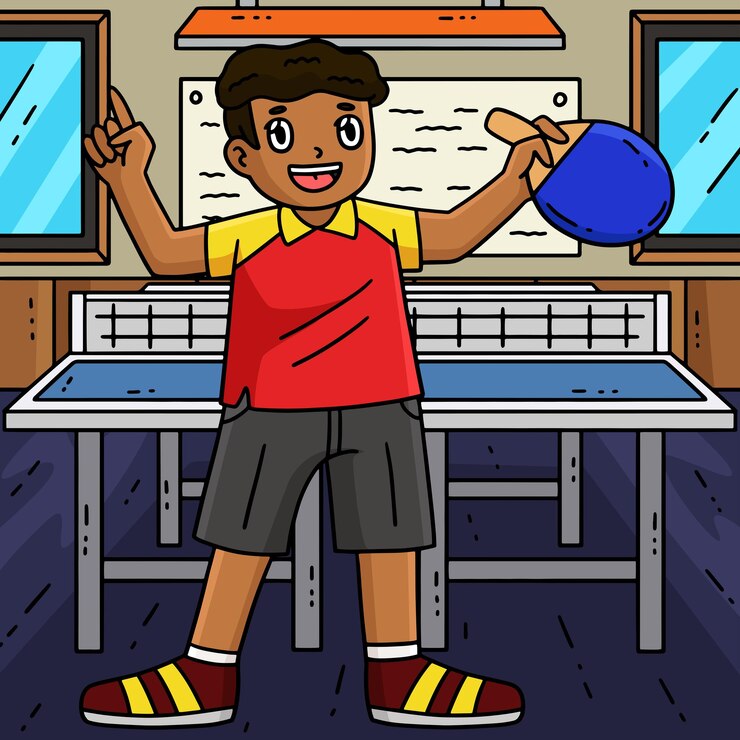 Vector jugador de tenis de mesa con una raqueta en una caricatura de colores