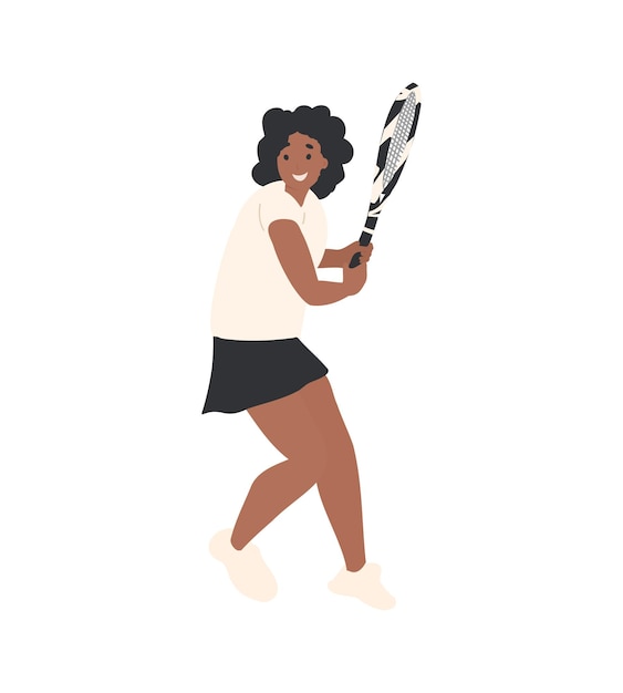 Jugador de tenis mujer negra, mujer plana de dibujos animados en uniforme de deportista jugar al tenis