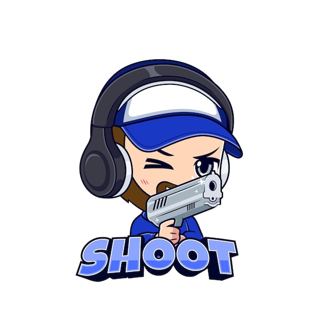 Jugador, tirador, apuntando, un, arma, pegatina, mascota, logotipo, vector