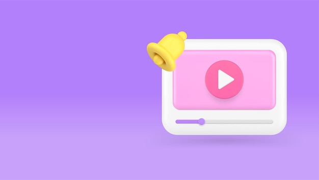 Jugador de video de contenido multimedia nuevo blog vlog suscripción alarma de campana de sonido icono 3D vector realista