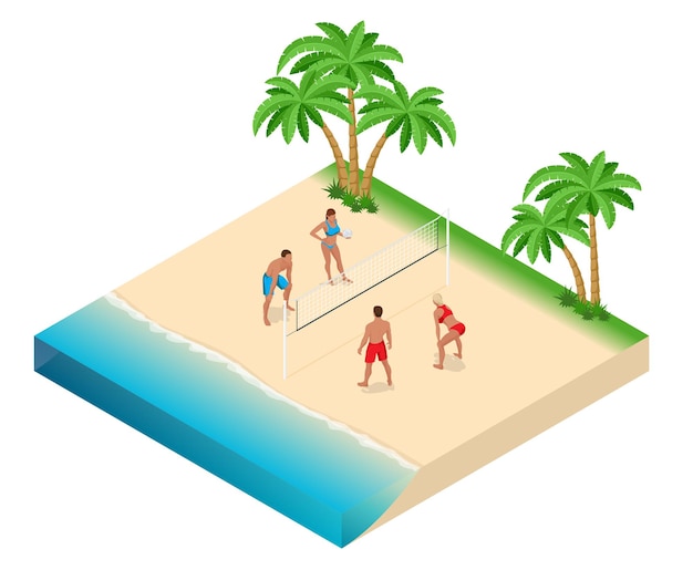 El jugador de voleibol de playa salta a la red e intenta bloquear el balón. Concepto de vacaciones activas de verano. Ilustración isométrica vectorial.