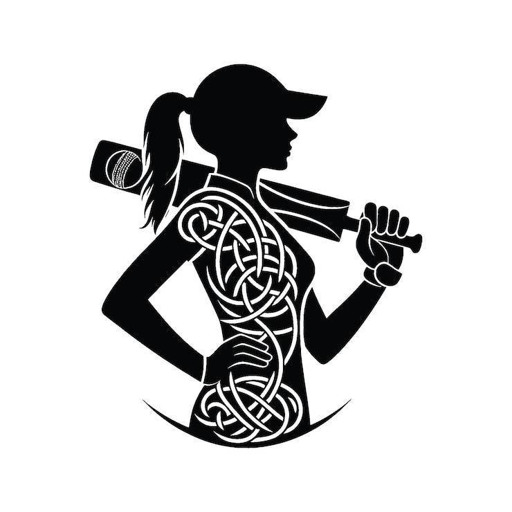 Vector jugadora de cricket femenina en el patrón del nudo celta ilustración del emblema de la insignia del escudo