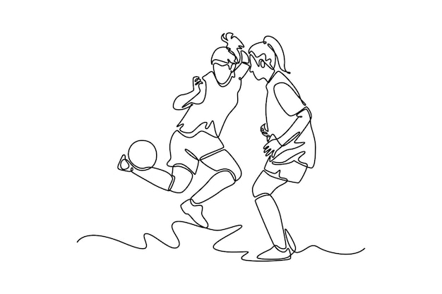 jugadora de fútbol femenina hacia adelante realizando un salto a la pelota defensora