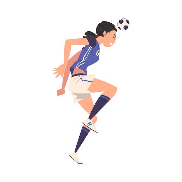 Jugadora de fútbol femenina personaje mujer joven en uniforme deportivo jugando al fútbol atleta femenina encabezando