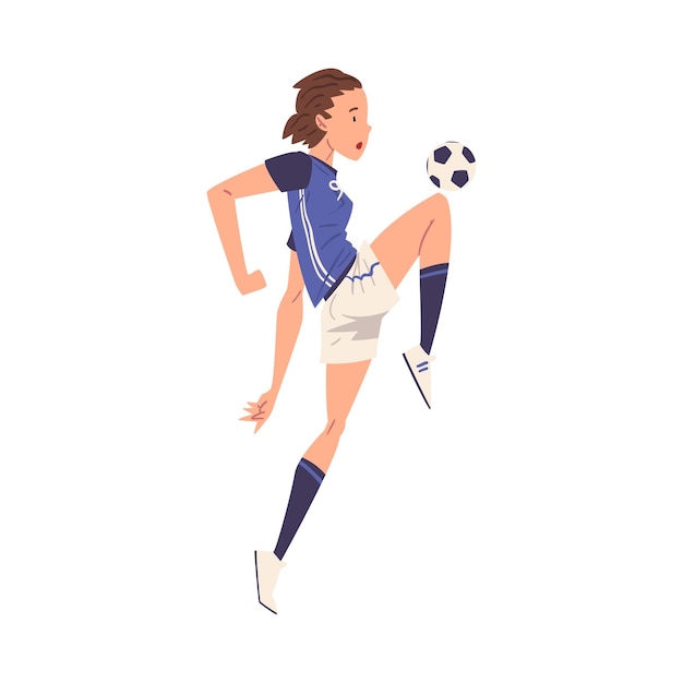 Vector jugadora de fútbol femenina personaje mujer joven en uniforme deportivo jugando al fútbol atleta femenina pateando