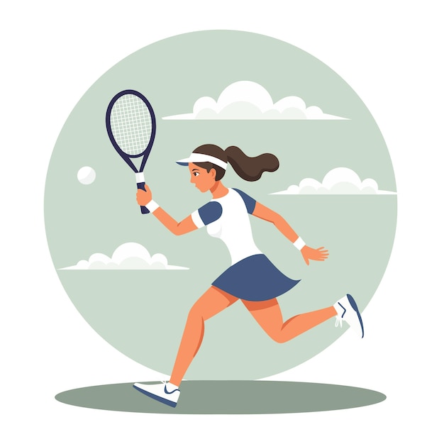 Jugadora de tenis corre con una raqueta después de la pelota jugando al tenis Ilustración deportiva