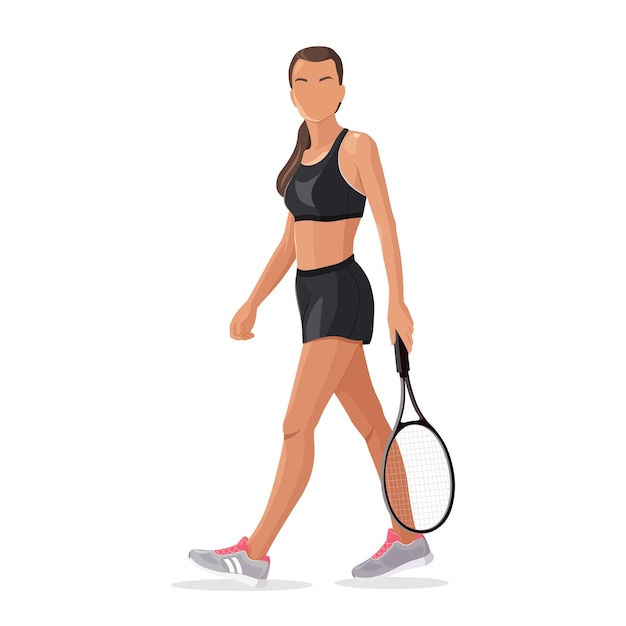 Vector jugadora de tenis femenina profesional con ropa deportiva y una raqueta en una cancha de tenis