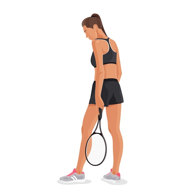 Vector jugadora de tenis femenina profesional con ropa deportiva y una raqueta en una cancha de tenis