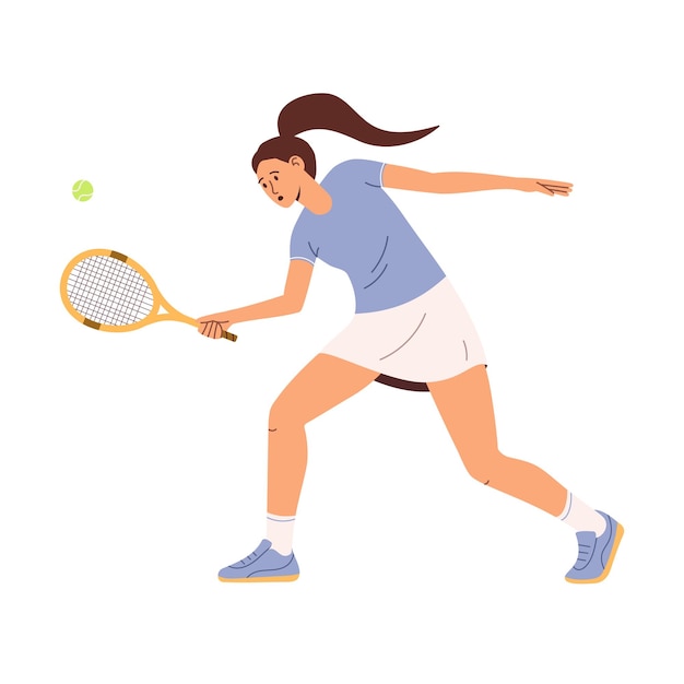 Vector jugadora de tenis mujer con raqueta golpea la pelota ilustración vectorial plana aislada en fondo blanco